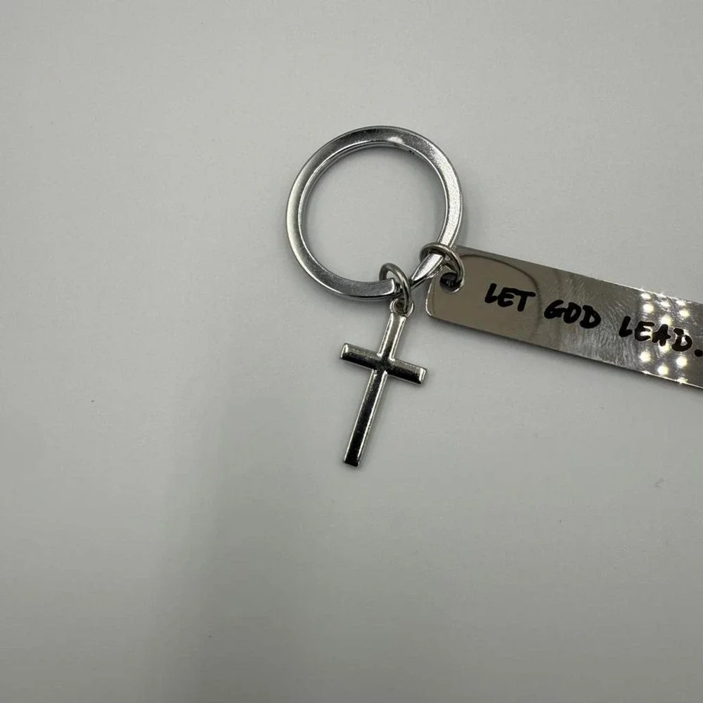 Let God Lead Christian Cross Keychain Silver Tone Religious Faith Accessory